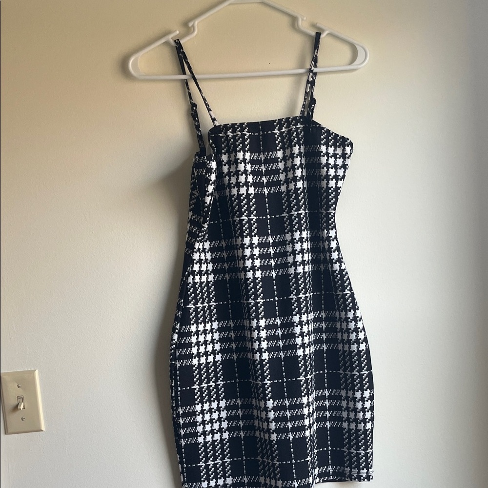 SHEIN Black & White Plaid Spaghetti Strap Mini Dress